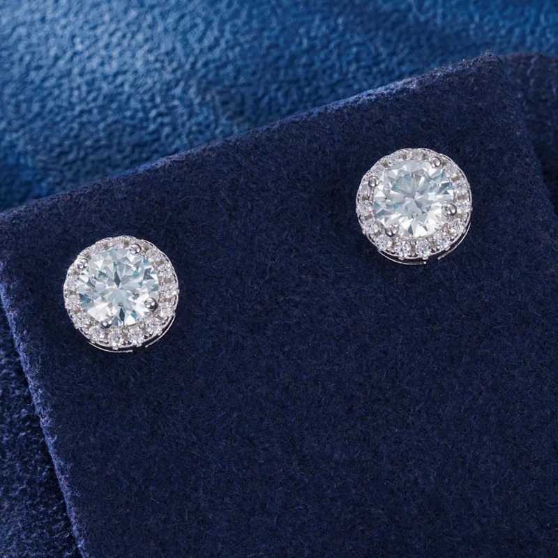 Women's Light Blue Round Cut Moissanite Stud Earrings, Elegant Design